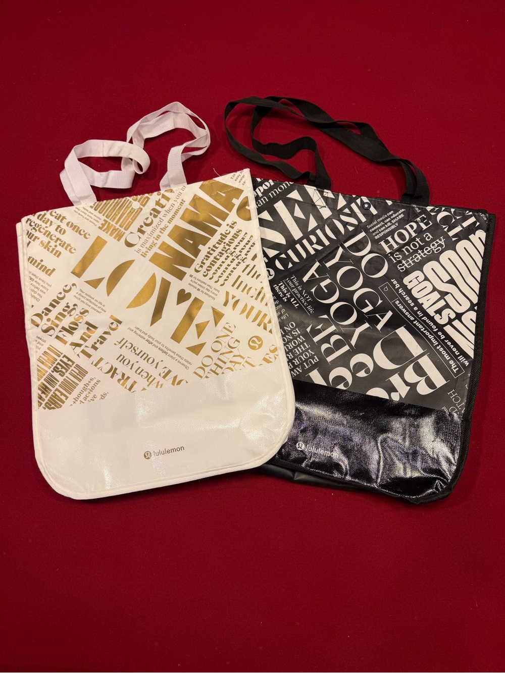 Lululemon 2 Large Reusable Shopping Tote Bags Black White Gold